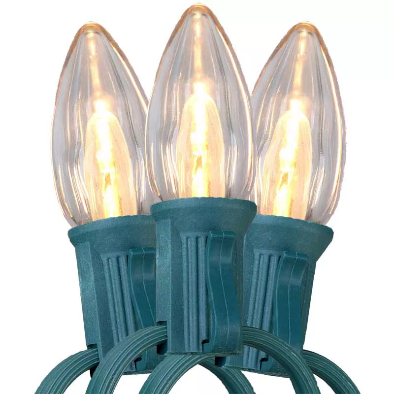 100' Retro C7 Light Strand - Green Wire - Warm White LED Bulbs