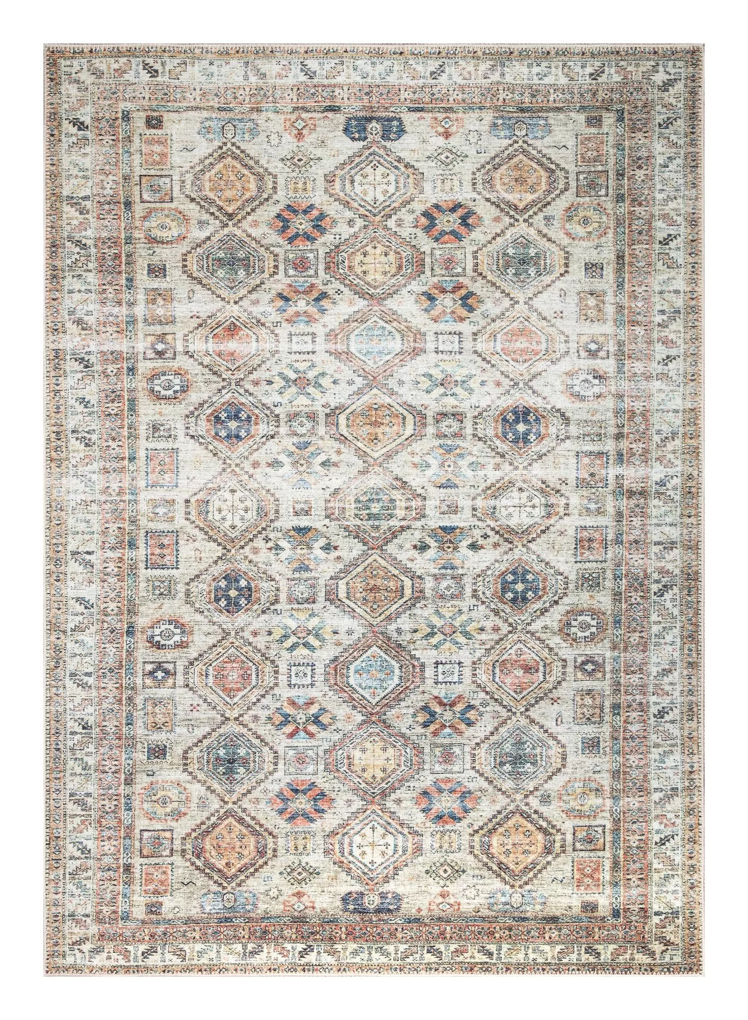 Caucasian Kazak Area Rug, Beige & Multicolor | Washable Geometric Tribal Design