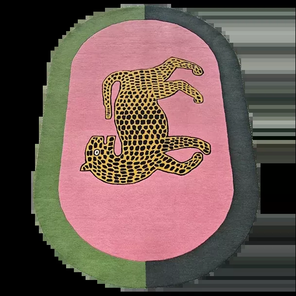 Leopard on Pink Oval Hand Tufted Wool Rug