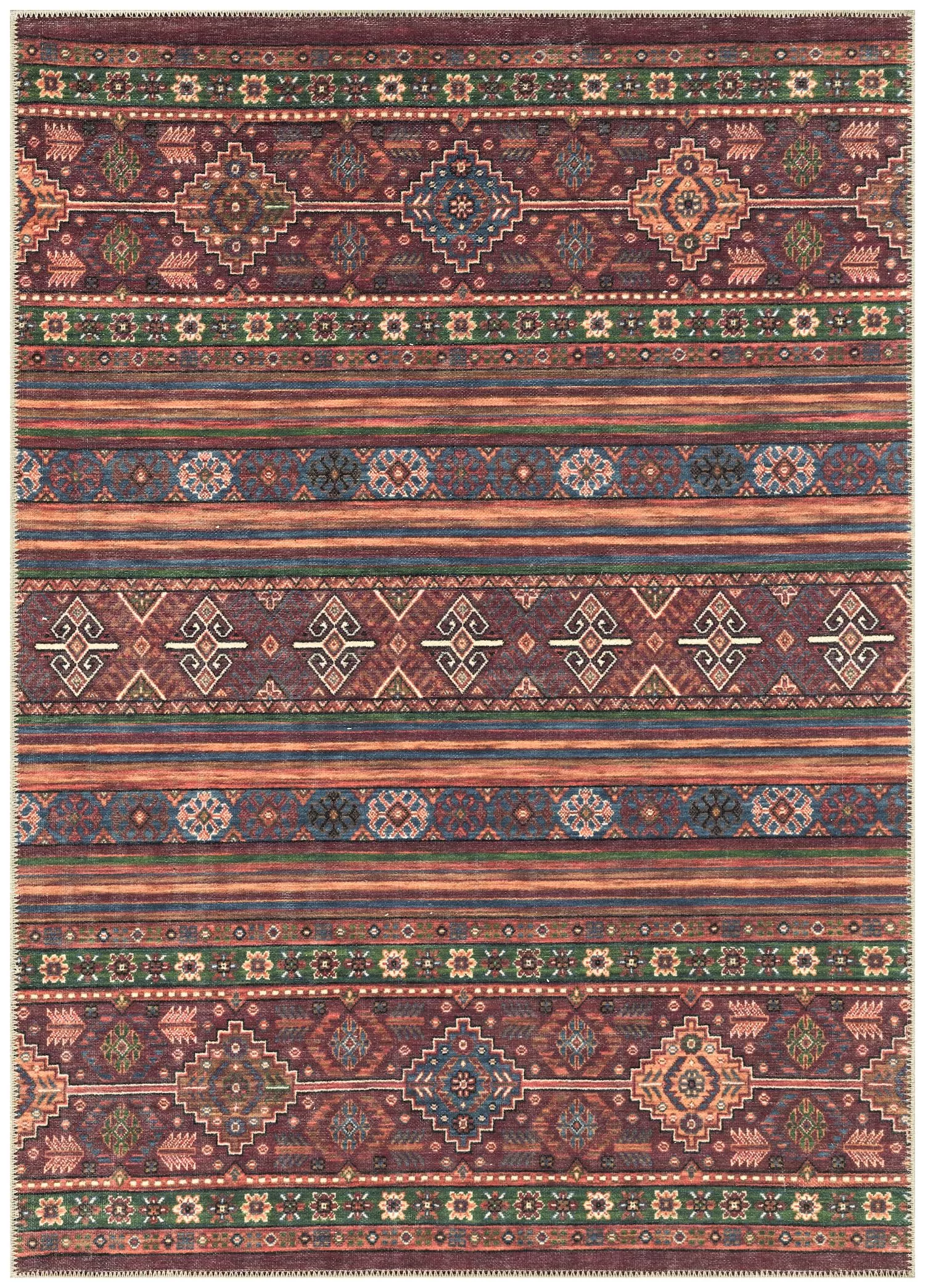 Turkish Kilim Area Rug, Burgundy & Multicolor | Washable Anatolian Tribal Design